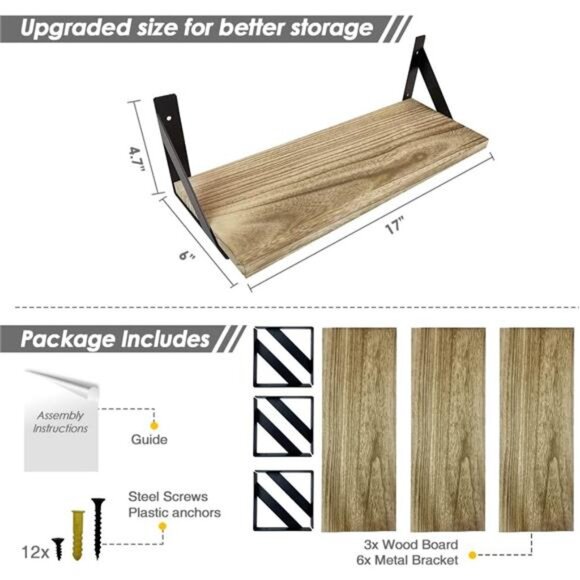 Floating Shelves with Black Metal Brackets Set of 3, Light Wood Wall Bookshelf - Picture 3 of 8